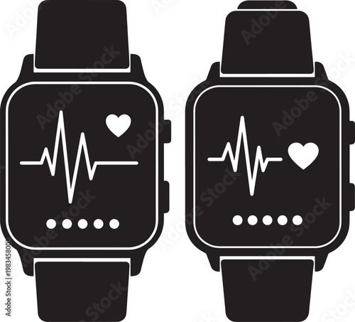 Pair of smartwatches displaying heart rate monitor on screen with health monitoring vital signs activity tracker smartwatch tracking technology wearable electronic activity silhouette