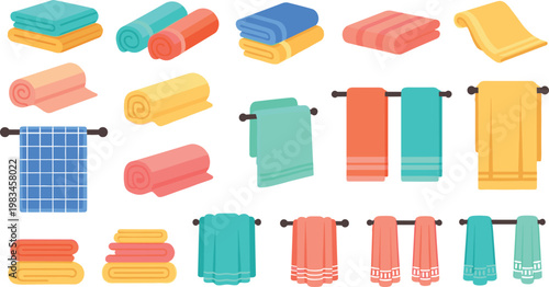 Bathroom towel collection with folded rolled and hanging fabric cloth sets colorful home textile illustration vector set