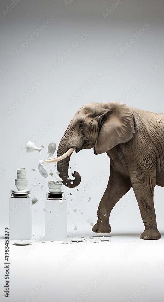 Fototapeta premium Elephant and Plastic Bottles - A Stark Environmental Commentary.