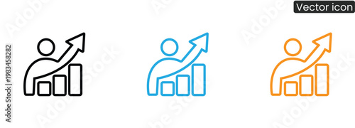Three color variations of a vector icon depicting a person with an increasing graph, symbolizing growth and success, on a clean white background.
