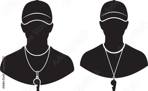 Silhouette of two coaches wearing caps and necklaces with whistles instructor athletic supervisor official necklace silhouette coaching training leadership management strategy direction