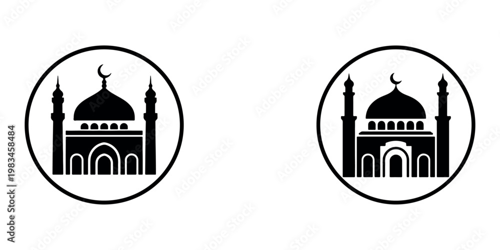 Obraz premium Mosque symbols silhouette with crescent moon and minarets inside circle icon set vector