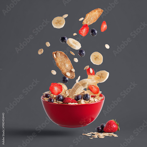 An attractive bowl of muesli with flying fruits on a gray background, showcasing a vibrant breakfast.
