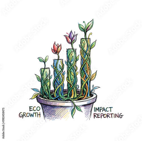 Bar chart growing upward with integrated plant sprout forming eco growth and impact reporting metaphor in expressive vibrant
