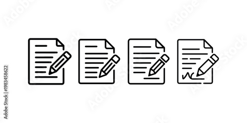 Contract signing icon set showing documents with pencil and signature symbols for business agreements legal paperwork office workflow management concepts