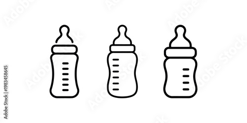 Baby bottle icon set showing milk feeding containers with measurement marks for newborn nutrition childcare maternity and infant health care applications