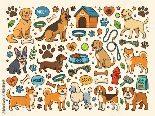 A vibrant collection of cartoon dog breeds and pet accessories, including golden retriever, German shepherd, bulldog, poodle, and shiba inu, with paw prints and bones.
