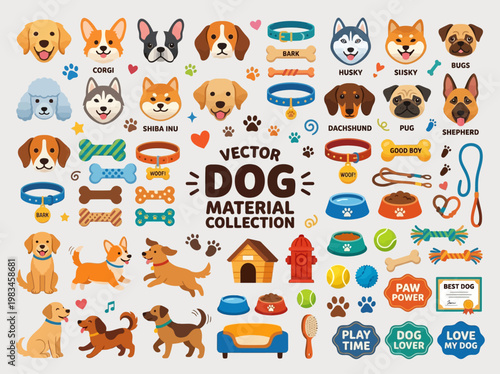A comprehensive vector collection of various dog breeds, pet accessories, and related items like collars, bowls, toys, and dog houses in a cute cartoon style.