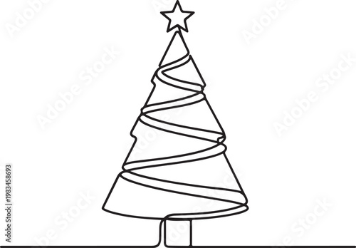Black and white line of a christmas tree with star topper and base line christmas tree base holiday