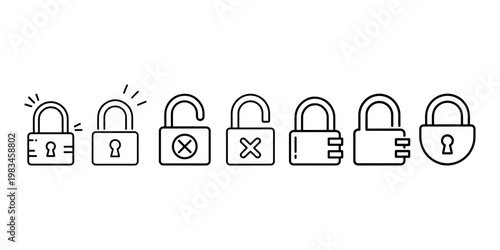 Padlock icons set open and closed lock with keyhole and cross symbol for security and access control