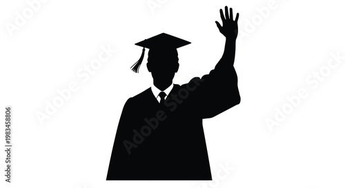 A graduating student waves cheerfully a striking black silhouette