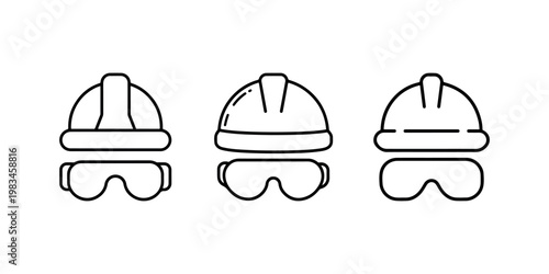 Construction worker hard hat and safety goggles set icons line art for industrial protection equipment