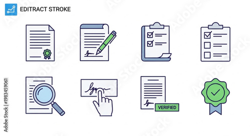 Collection of Contract and Document Icons with Signatures and Checkmarks.