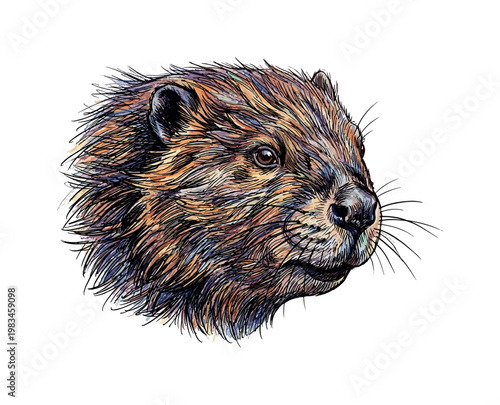 Close-up beaver head focusing on eyes nose and incisor structure with layered strokes creating strong facial depth and texture,