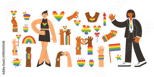 Lgbt elements set. Diverse queer characters, hands and symbols in rainbow flag colors. Hearts, hand gestures, clipart for pride and awareness materials.