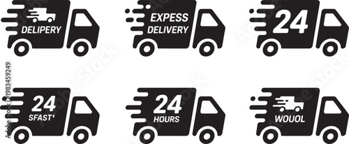 Foto Delivery truck icons set with text express 24 hours fast delivery options vector illustration