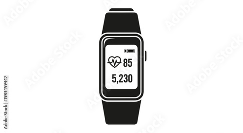 Black smartwatch displays heart rate 85 and 5,230 steps