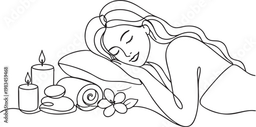Sleeping woman with flowers line art, minimal outline vector illustration for relaxation concept