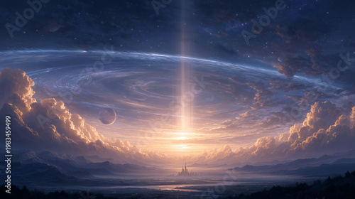 Rocket launch beam sky clouds horizon dawn sunrise atmosphere light radiance heavens city silhouette water reflection glow dramatic epic science space travel exploration fantasy dream voyage ascent