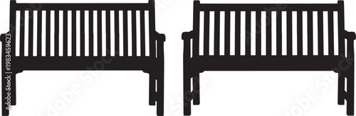 Two black park benches side by side with furniture exterior silhouette minimalist vacation relaxation communal gathering suburban landscaping