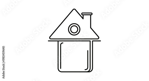 Minimalist line art depicts a simple house outline with a circular window and chimney