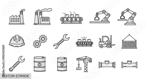 Industrial Icons Set Factory Machinery Tools and Equipment.