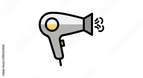 A minimalist icon depicts a grey hairdryer with yellow accents, emitting wisps of air