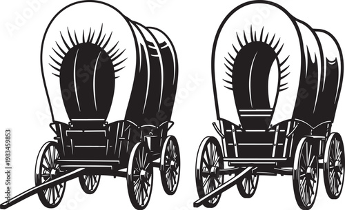 Two oregon trail covered wagons in black and white illustration with covered wagon horse drawn prairie schooner old fashioned cross country outdoor recreation public transport mobile home