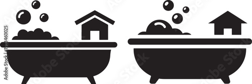 Two black and white icons of bathtubs with bubbles and small houses personal care real estate utility icon home icon bathroom cleaning domestic lifestyle illustration isolated