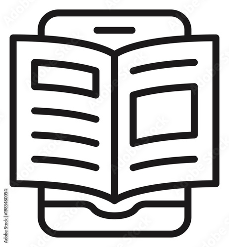 Digital reading vector icon illustration featuring an open book or newspaper on a smartphone screen, symbolizing e-books, online news, mobile education, and digital library apps in black line art.