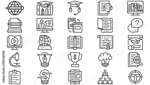 25 Education and Business Vector Icon Set Collection. Minimalist Black Line Symbols for E-learning, Online Study, Creative Design, Communication, Science, Career, and Digital Marketing Concepts.