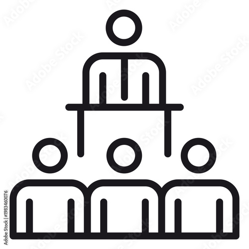 Quadro em tela Minimalist black vector icon illustration of a leader or presenter standing behind a desk or podium addressing a group of people, representing a business meeting, seminar, or training session
