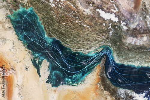 Satellite view of the Persian Gulf and Strait of Hormuz with glowing blue lines symbolizing naval traffic and strategic maritime routes amidst geopolitical tensions and regional conflict in Iran.