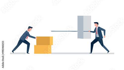 A vector concept illustration showing a minimal business developer finishing a structural block. It symbolizes a project solution and end challenge completion for a corporate
