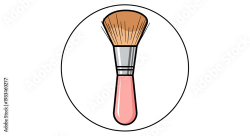 Cartoonish makeup brush with pink handle and brown bristles in a black circle