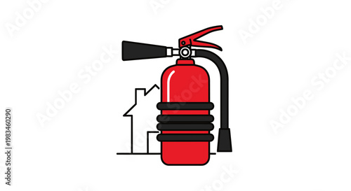 Red fire extinguisher in front of a simplified house outline