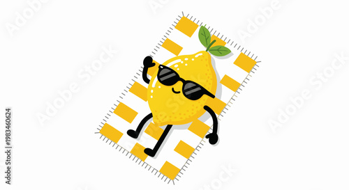 Funny lemon character relaxing on beach towel summer vacation cute flat illustration