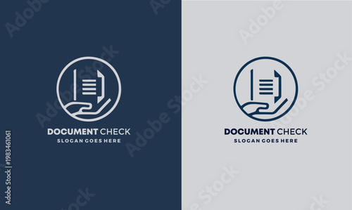Document Check Logo Template with Hand Holding Paper Icon