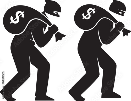 Silhouette thieves carrying money bags with financial crime criminal activity money laundering criminal illustration silhouette currency stealing fugitive identity disguise contraband