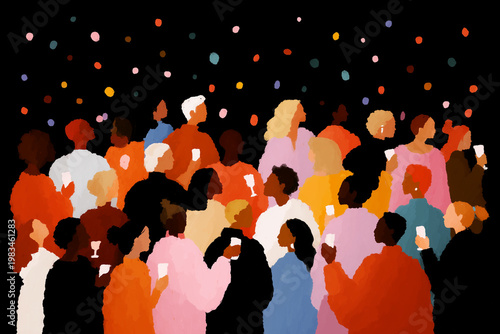 Crowd and people mingle at a festive party with glowing lights, colorful outfits and a lively social gathering, capturing a bright moment of celebration and community in a crowded scene