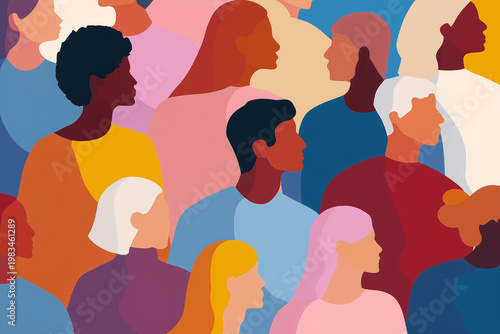 Vibrant illustration of a crowded group of diverse people, colorful silhouettes mingling in a busy scene, highlighting unity, inclusion and shared public moments.
