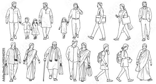 Indian People Walking Set – Hand Drawn Crowd, Families & Individuals Vector Illustration