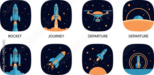 Space Exploration Icon Set Featuring Rockets, Shuttles, Drones, and Celestial Horizons for UI UX Web Design, Mobile Apps, and Tech Infographics