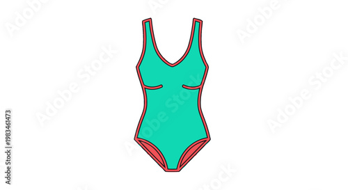 Teal one-piece swimsuit with coral accents and black outline
