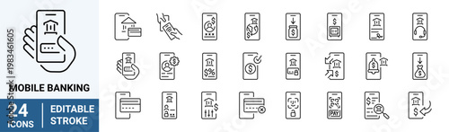 Mobile banking web icons in line style. Bank, income, atm, money, payment, collection. Vector illustration.