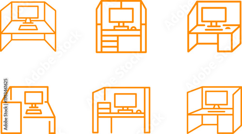 Set of modern office cubicle icons with computer workstations for business interior design and professional workspace planning