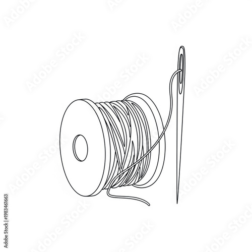 A simple, clean line art illustration of a spool of thread with a needle threaded through it, symbolizing sewing or crafting