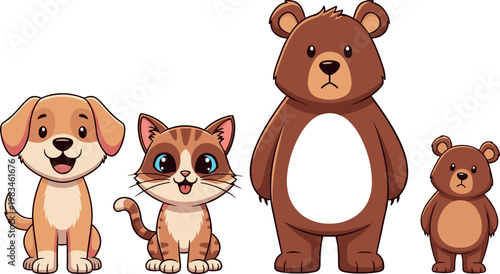 Adorable Cartoon Animal Character Set Featuring Cute Dog, Cat, and Brown Bear Family for Children's Books, Educational Media, and Nursery Wall Art Designs