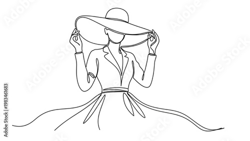 Continuous One Line Drawing Stylish Woman Wearing Wide Brim Fashion Hat – Minimalist Vector Illustration on White Background