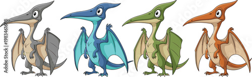 Colorful Cartoon Pterodactyls with Friendly Expressions in Various Shades for Fantasy and Animation Designs